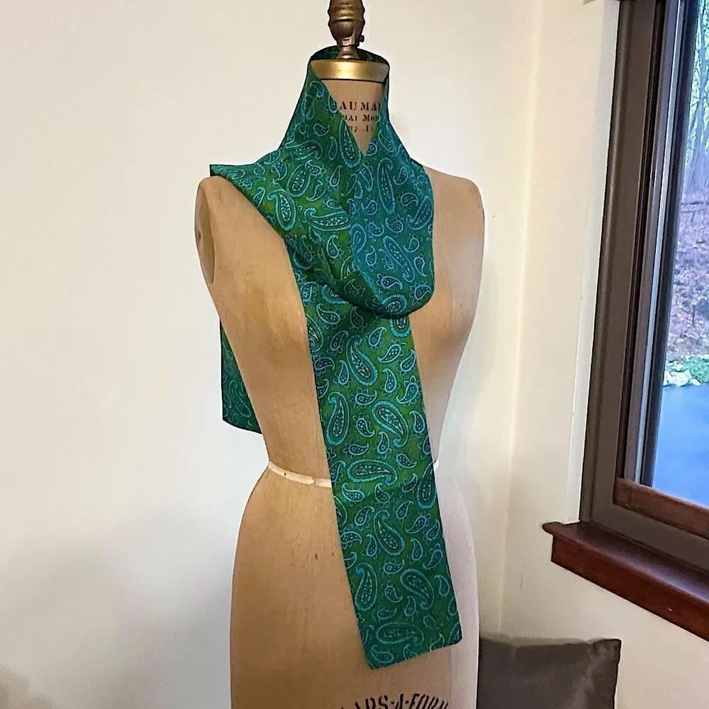 Vintage Green and Turquoise Paisley Raw Silk Unisex Evening Scarf 72” x 5”